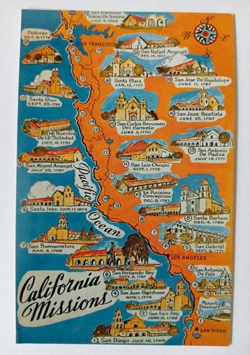 Ansichtkaart met missie kerken in Californië   beschikbaar voor biedingen