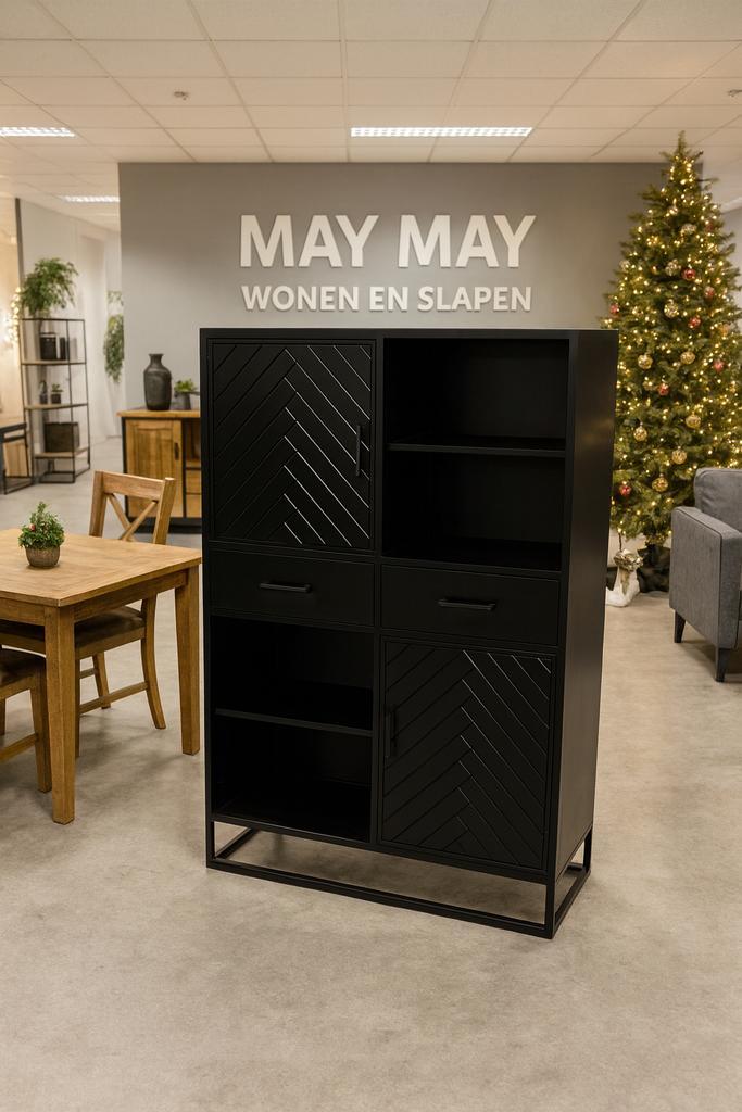 Wandkast 155cm zwart mango visgraad direct/leverbaar E-7272, Huis en Inrichting, Kasten | Wandmeubels, Nieuw, 150 tot 200 cm, Minder dan 150 cm