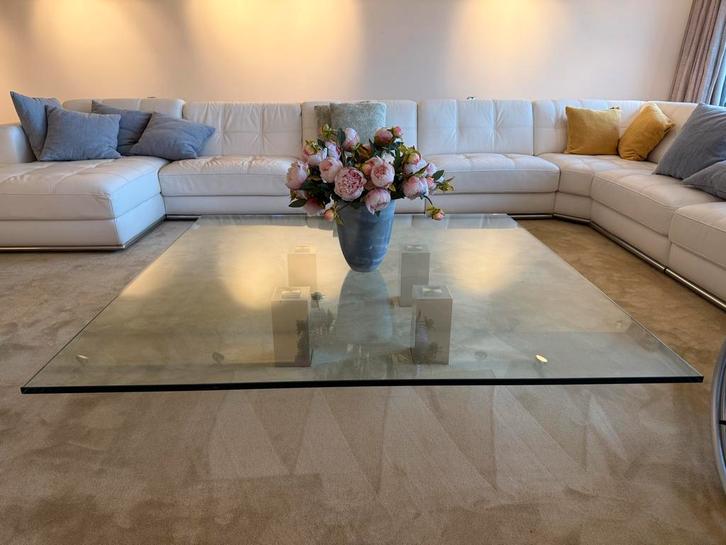 Glazen salontafel met RVS poten, Huis en Inrichting, Tafels | Salontafels, Zo goed als nieuw, Minder dan 50 cm, 150 tot 200 cm