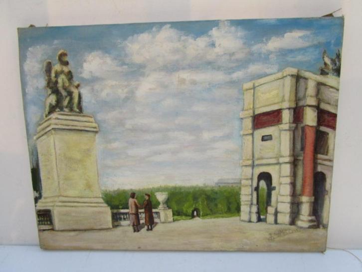 Naief olieverf schilderij Place du Carrousel Parijs Signeerd, Antiek en Kunst, Kunst | Schilderijen | Klassiek, Ophalen
