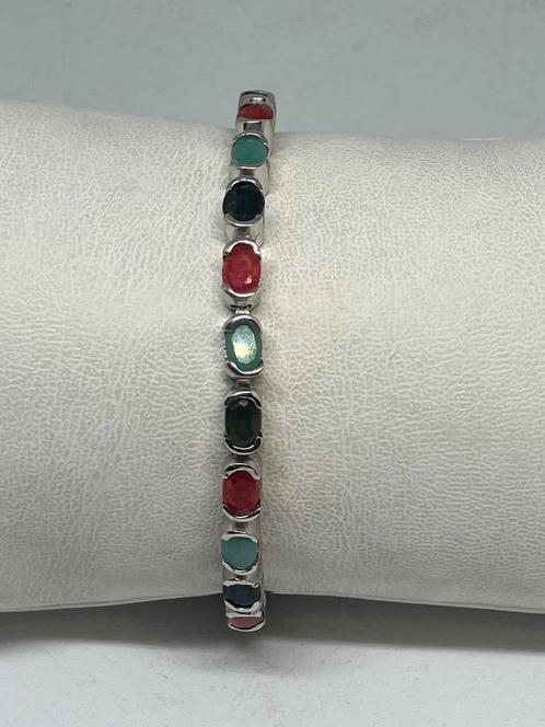 Zilveren Armband met Smaragd, Robijn en Saffier, Sieraden, Tassen en Uiterlijk, Armbanden, Nieuw, Zilver, Rood, Met edelsteen