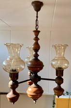 Vintage hanglamp hout / glas, Huis en Inrichting, Lampen | Kroonluchters, Ophalen, Gebruikt, Glas