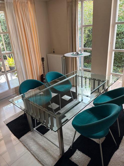 Glazen Eettafel met RVS Onderstel, Huis en Inrichting, Tafels | Eettafels, Zo goed als nieuw, 100 tot 150 cm, 150 tot 200 cm, Vier personen