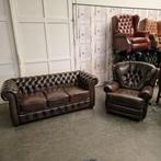 Chesterfield Bank + Elektrische Fauteuil Set Antiek Bruin, Chesterfield, Nieuw, Ophalen of Verzenden, Vierpersoons of meer