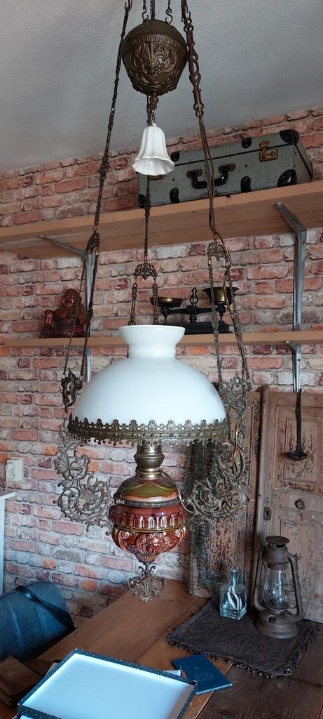 Antieke Schipperslamp Hanglamp, Huis en Inrichting, Lampen | Hanglampen, Gebruikt, 75 cm of meer, Glas, Metaal, Ophalen of Verzenden