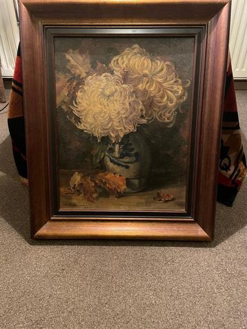 Piet Verhaaren oud Olieverf op doek mooie  bolchrysanten beschikbaar voor biedingen