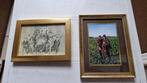 2 oude fotolijstjes met jagers, Antiek en Kunst, Curiosa en Brocante, Ophalen of Verzenden