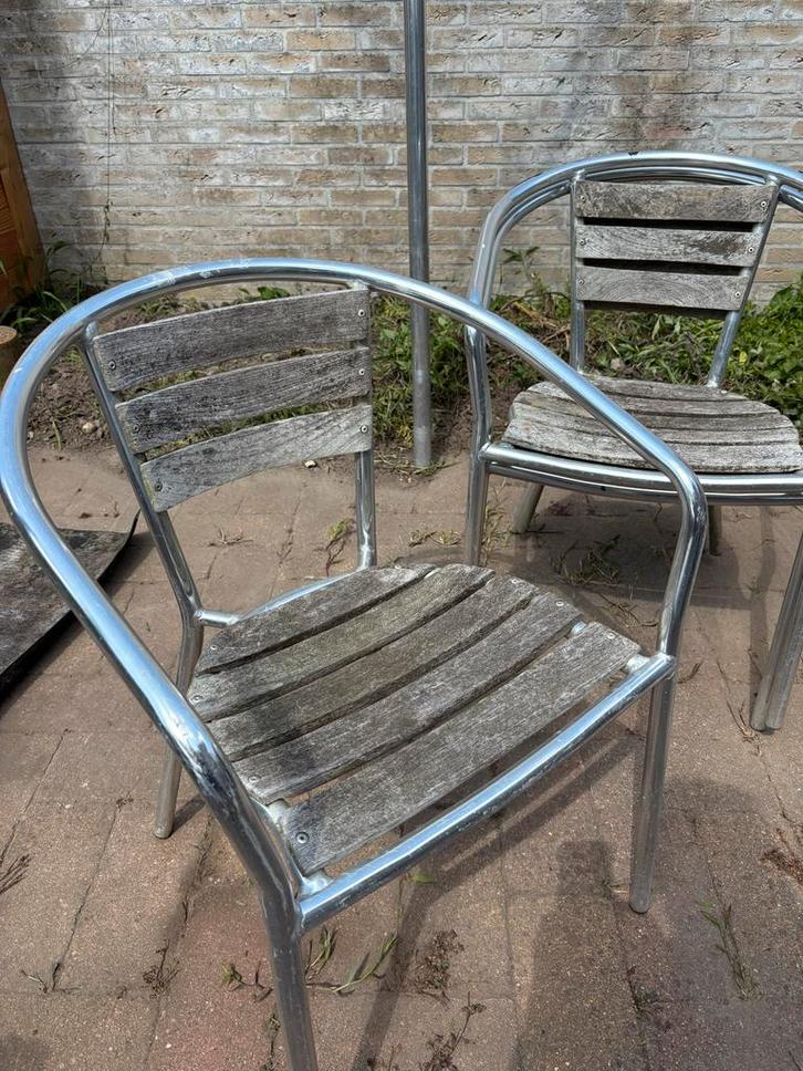 4 Aluminium Terrasstoelen met Hardhout, Huis en Inrichting, Stoelen, Gebruikt, Vier, Hout, Grijs, Ophalen of Verzenden