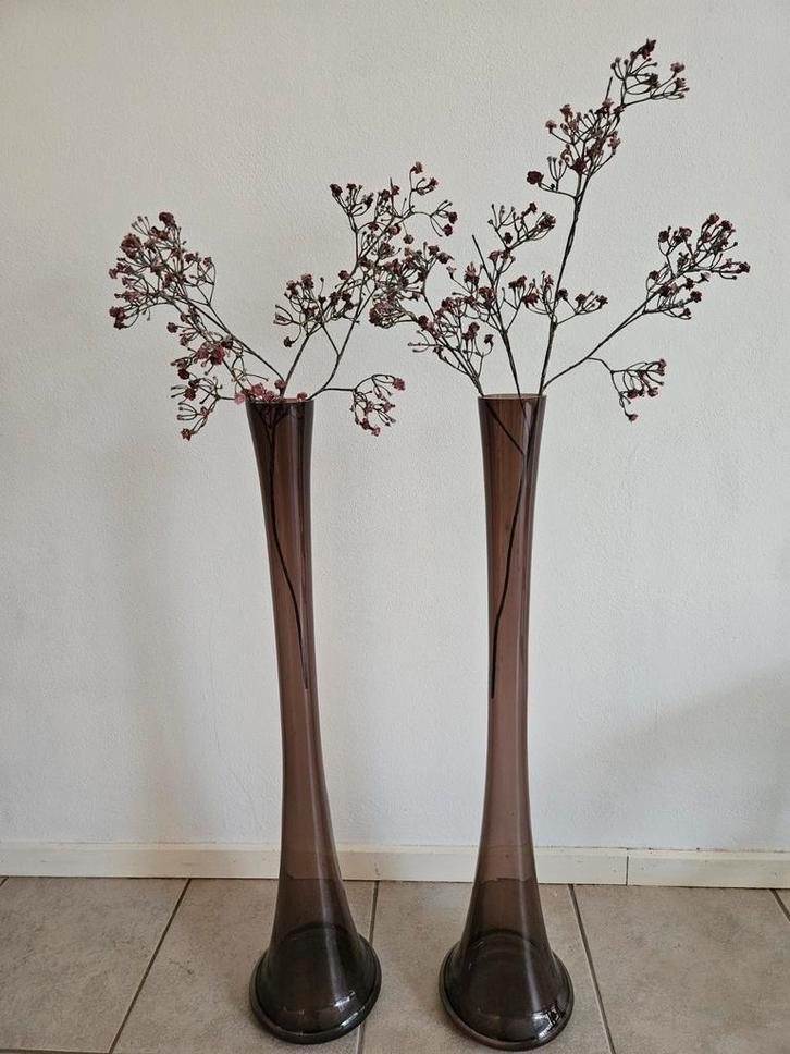Set van 2 hoge glazen vazen, Huis en Inrichting, Woonaccessoires | Vazen, Zo goed als nieuw, Overige kleuren, 75 cm of meer, Glas