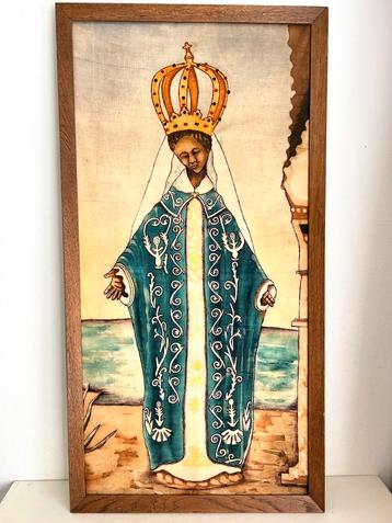 Groot vintage textiel schilderij Zwarte Madonna OLV 93 cm beschikbaar voor biedingen