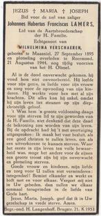 Johannes H.F. Lamers 1895 Maasniel + 1944 Roermond, 48 jr, Verzenden, Bidprentje