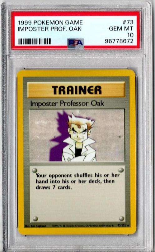 Trainer Imposter Professor Oak Psa 10 base set unlimited, Hobby en Vrije tijd, Verzamelkaartspellen | Pokémon, Nieuw, Losse kaart