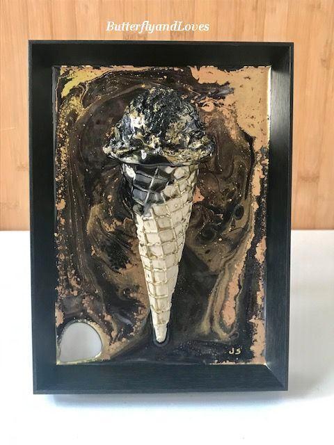 Prachtige IJshoorn ijs ijsje zwart goud in lijstje Epoxy Art, Antiek en Kunst, Kunst | Schilderijen | Modern, Ophalen