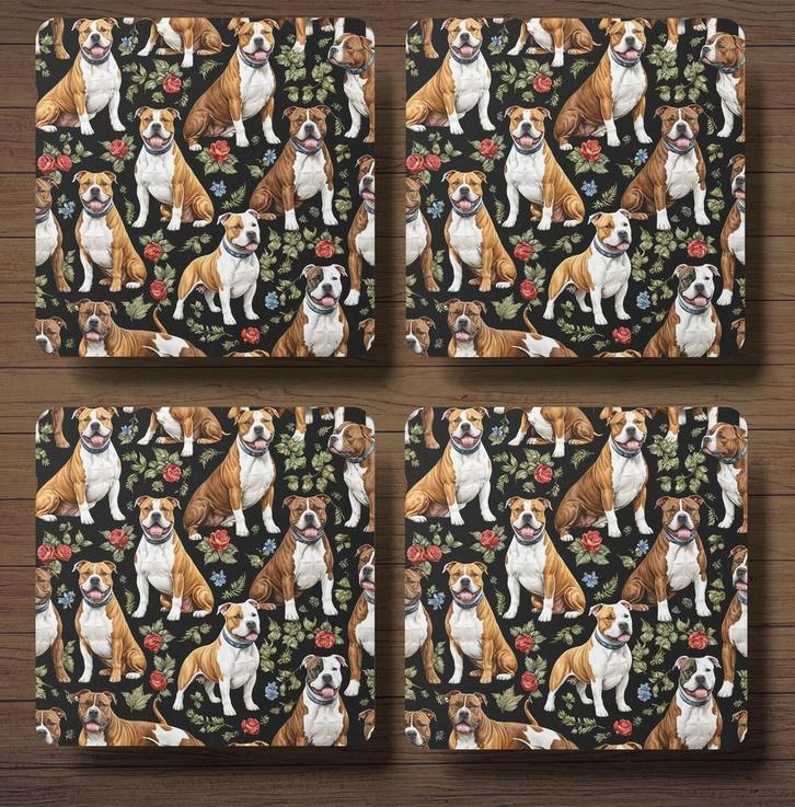 American Staffordshire Terriër patroon onderzetters+houder, Huis en Inrichting, Woonaccessoires | Onderzetters, Nieuw, Glas of Kopje