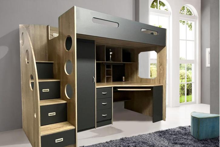 Lolo hoogslaper met bureau en kast - 90x200 - Antraciet, Huis en Inrichting, Slaapkamer | Stapelbedden en Hoogslapers