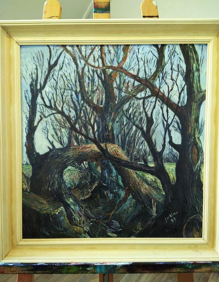 Olieverfschilderij op paneel expressief bos bomen J. Halma, Antiek en Kunst, Kunst | Schilderijen | Klassiek, Ophalen of Verzenden