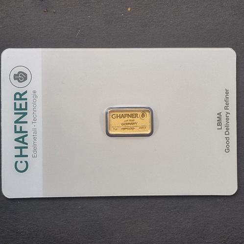 C. Hafner goudbaar van 2 gram met certificaat, Postzegels en Munten, Edelmetalen en Baren, Goud, Ophalen of Verzenden