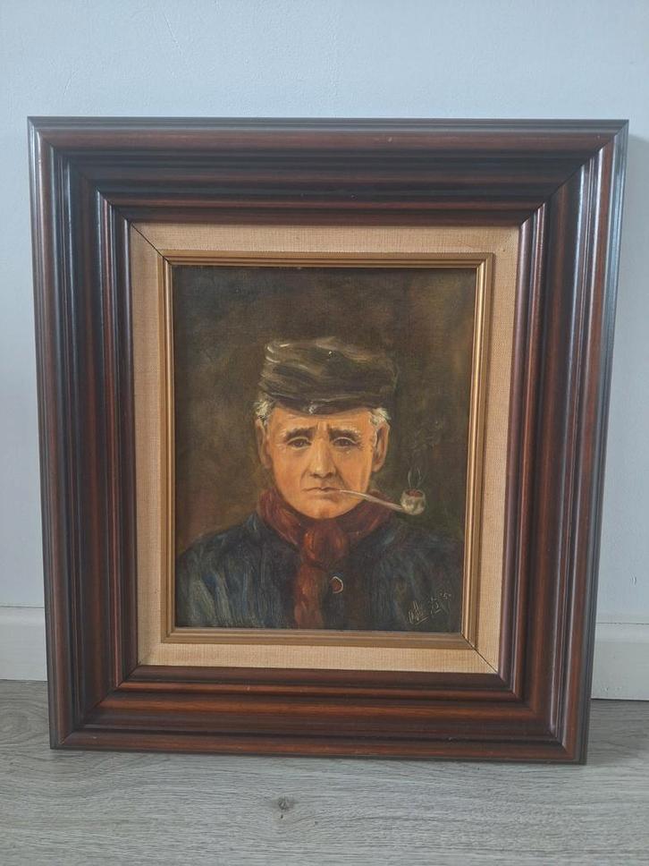Olieverfschilderij Man met Pijp, Gesigneerd '50, Antiek en Kunst, Kunst | Schilderijen | Klassiek, Ophalen of Verzenden