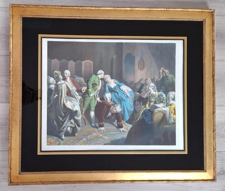 Kleurenlitho Schlesinger romantisch tafereel met mensen, Antiek en Kunst, Kunst | Litho's en Zeefdrukken, Ophalen