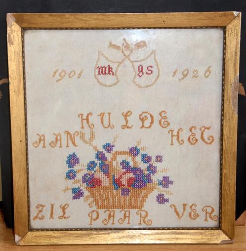 Antieke merklap Zilveren bruidspaar 1926 antieke lijst Gouda, Antiek en Kunst, Antiek | Kleden en Textiel, Ophalen of Verzenden