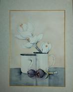 Aquarel Stilleven met Bloemen en Mokken, Antiek en Kunst, Kunst | Schilderijen | Klassiek, Ophalen of Verzenden