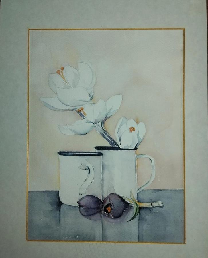 Aquarel Stilleven met Bloemen en Mokken, Antiek en Kunst, Kunst | Schilderijen | Klassiek, Ophalen of Verzenden