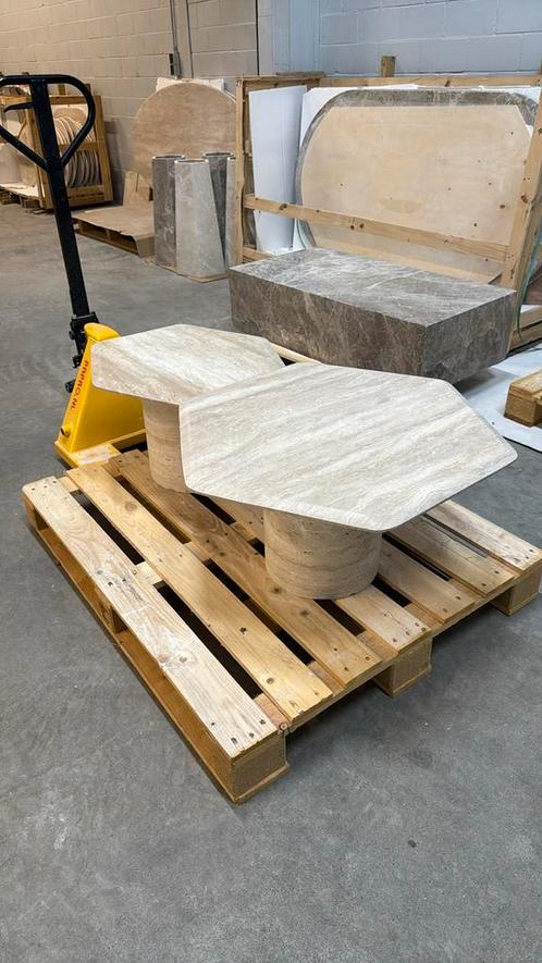 100% Travertin Salontafel – Hexagonal Twin – 80/60 dia(cm), Huis en Inrichting, Complete inboedels, Ophalen of Verzenden