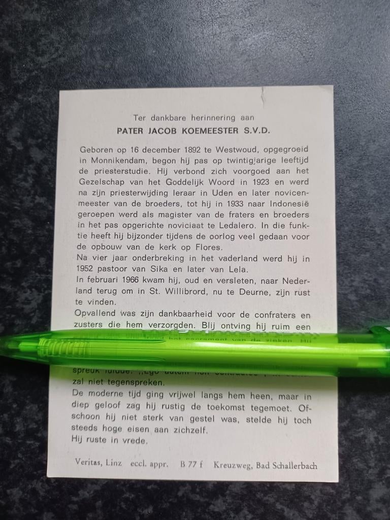 Bidprentje Westwoud Deurne pater Jacob Koemeester 1892 1967, Verzamelen, Bidprentjes en Rouwkaarten, Ophalen, Bidprentje