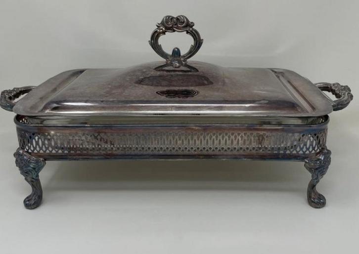 Zwaar verzilverde antieke dekschaal, casserole + warmhouder, Antiek en Kunst, Antiek | Goud en Zilver, Zilver, Ophalen of Verzenden