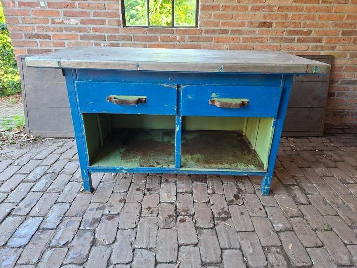 Oerdegelijke zware metalen werkbank met rvs werkblad, Doe-het-zelf en Verbouw, Werkbanken, Gebruikt, 120 tot 170 cm, Ophalen