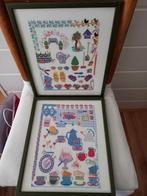 Vintage borduurwerken in mooie lijst, Ophalen of Verzenden