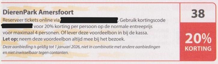 DierenPark Amersfoort. 20% korting p.p. Postcode bon nr 38., Tickets en Kaartjes, Recreatie | Dierentuinen, Drie personen of meer