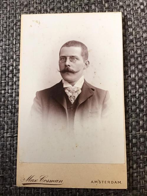 CDV, Man met bril, Max Cosman, Amsterdam, Carte de Visite, Verzamelen, Foto's en Prenten, Gebruikt, Foto, Voor 1940, Ophalen of Verzenden