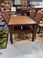 Donker massief eiken eettafel met 4 Loom rieten stoelen, Ophalen, Gebruikt, 4 tot 6 stoelen