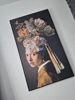 Mooi schilderij op doek Meisje met de parel met bloemen, Ophalen of Verzenden, Zo goed als nieuw, Schilderij, 75 cm of meer