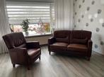 Bruin leren 2-zits bankstel + losse stoel mancave?, Ophalen, Gebruikt, Rechte bank, Leer