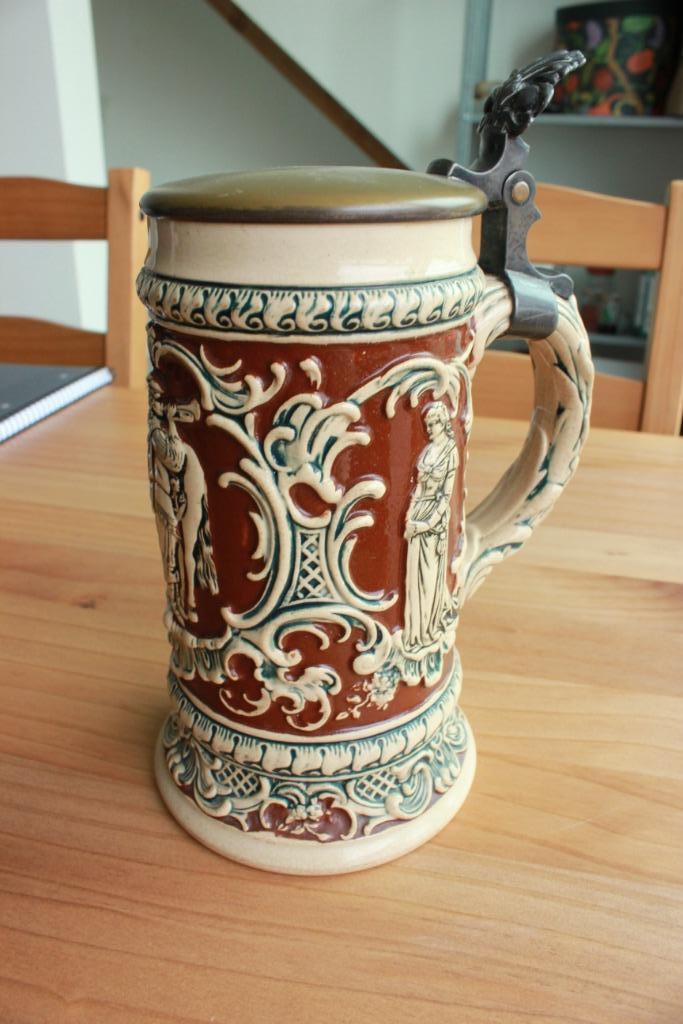 Antieke Duitse bierpul (WMF) – steengoed met tinnen deksel, Antiek en Kunst, Antiek | Keramiek en Aardewerk, Ophalen of Verzenden
