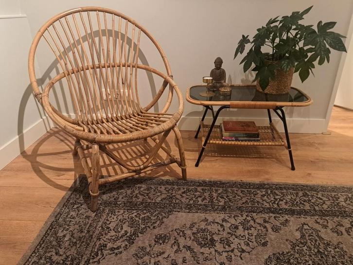 Vintage Rotan Stoel & Tafeltje, Huis en Inrichting, Stoelen, Gebruikt, Ophalen