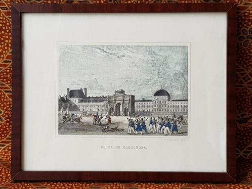 Place du Carrousel antieke ingelijste gravure uit Frankrijk., Antiek en Kunst, Kunst | Etsen en Gravures, Ophalen of Verzenden