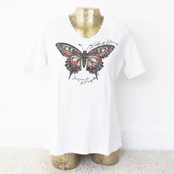 Vlinder Shirtje (L) - 30 € 15,-, Kleding | Dames, T-shirts, Zo goed als nieuw, Maat 42/44 (L), Wit, Korte mouw, Ophalen of Verzenden