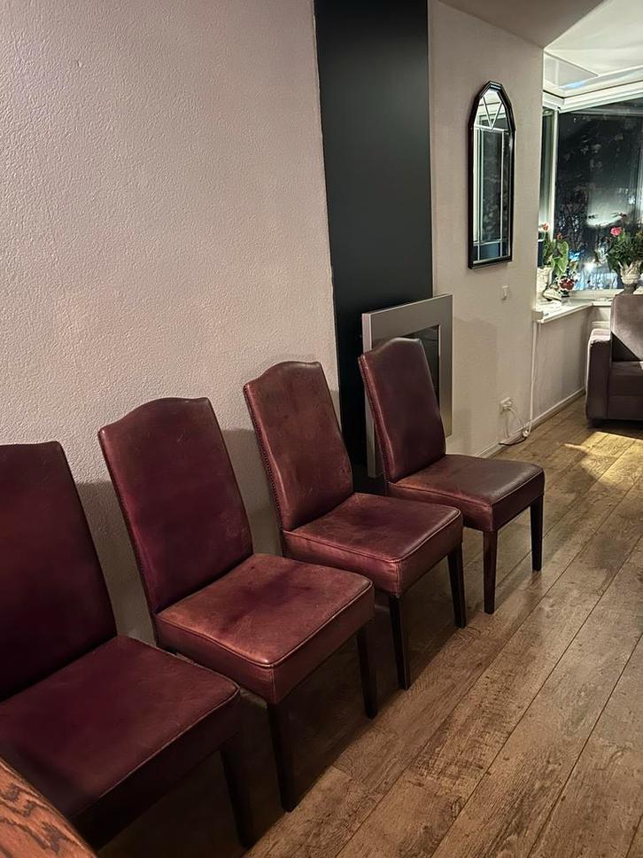 Schapenleren stoelen + evt. eettafel, Huis en Inrichting, Stoelen, Gebruikt, Vier, Leer, Bruin, Ophalen