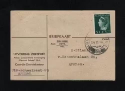 Briefkaart Arnhem Uitvoering Ziektewet Stienstra 1947., Ophalen of Verzenden, Zo goed als nieuw