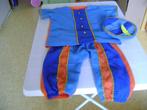 3del blauw/oranje pietenpak goud afgezet met pet 3/4jr, Diversen, Sinterklaas, Ophalen of Verzenden, Zo goed als nieuw