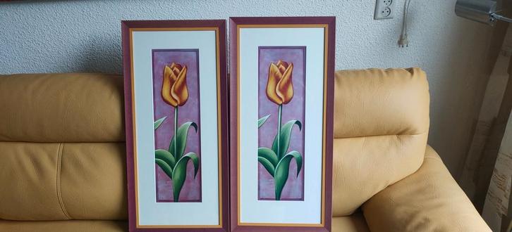 Set van 2 Tulpen Schilderijen - 76x36 cm, Antiek en Kunst, Kunst | Schilderijen | Klassiek, Ophalen of Verzenden