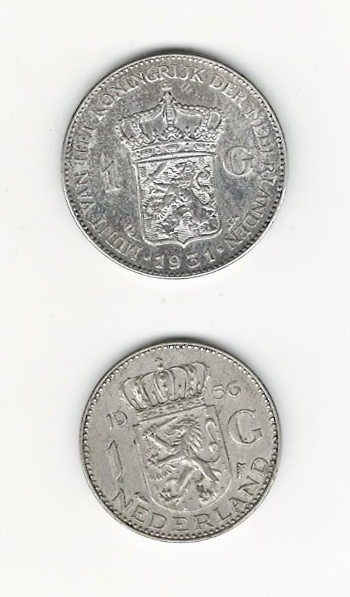 2 zilveren gld. Kon.Wilhelmina en Kon.Juliana. 1931 en 1956, Postzegels en Munten, Munten | Nederland, Setje, 1 gulden, Koningin Wilhelmina