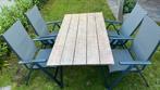 Mooie tuintafel houtlook met 4 opklapbare stoelen, Ophalen, Zo goed als nieuw, Rechthoekig, Aluminium
