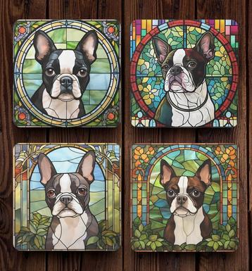 Boston Terriër Glas in Lood onderzetters met houder beschikbaar voor biedingen