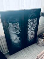 Set houten panelen schilderijen tijger en leeuw met kindjes, Ophalen