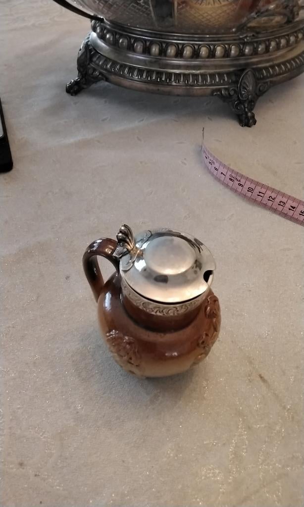 Steengoed met zilver mosterd potje., Antiek en Kunst, Antiek | Goud en Zilver, Zilver, Ophalen of Verzenden