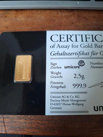 Umicore Goudbaar 2,5 gram 999 - Met Certificaat beschikbaar voor biedingen